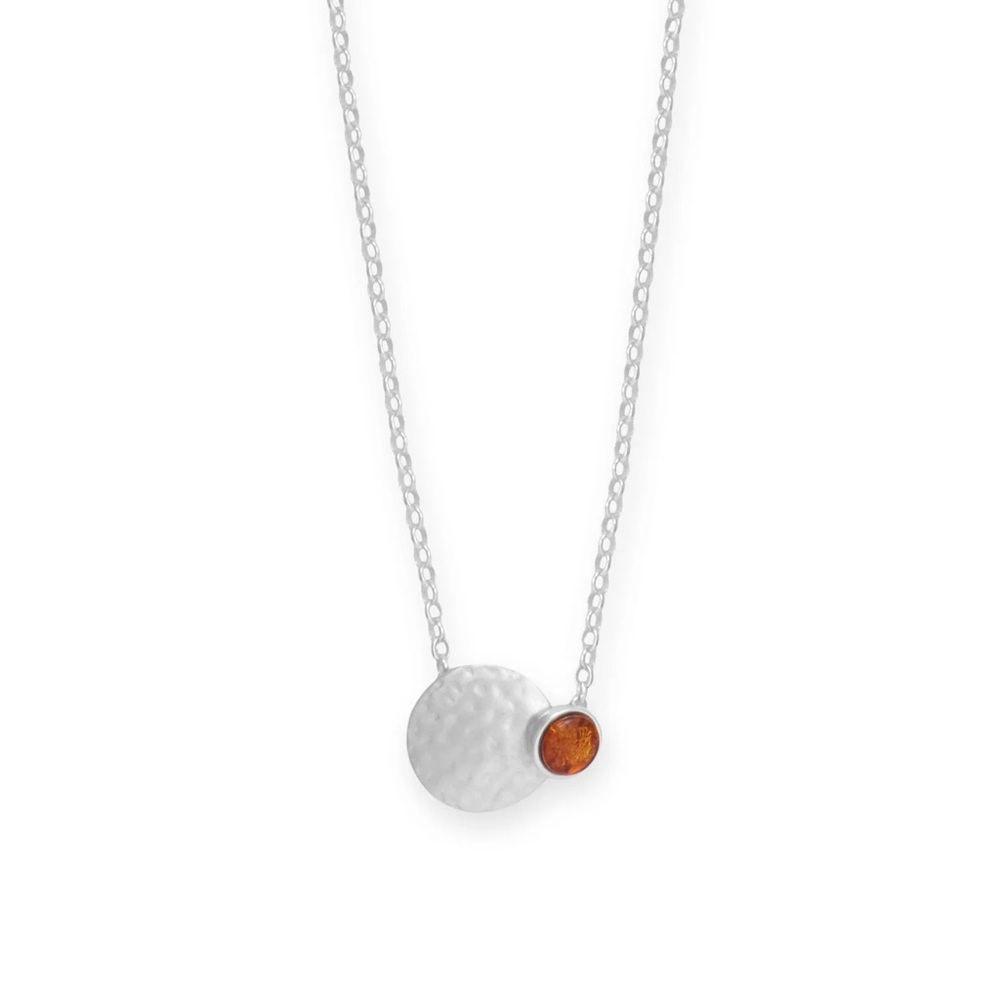 New Sterling Silver Matte Hammered Disc and Baltic Amber Eclipse Necklace 18”+2”
